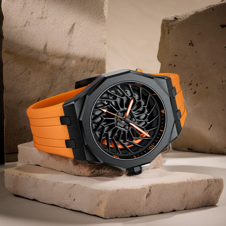 Close-up of Babusar BMW i8 spinning wheel watch