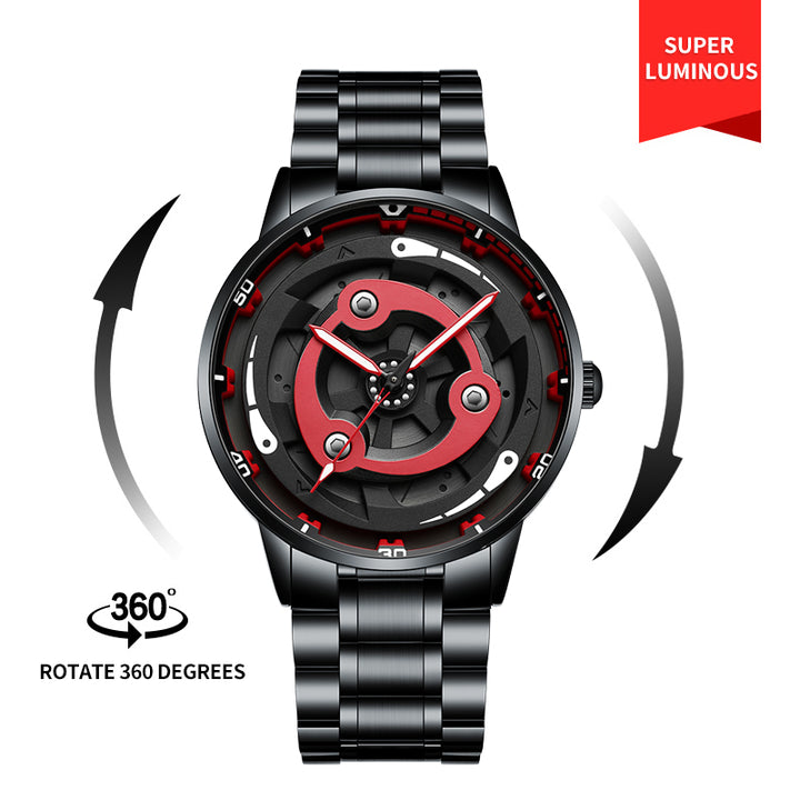 Full view of Babusar Naruto Madara spinning car wheel timepiece with stainless steel strap