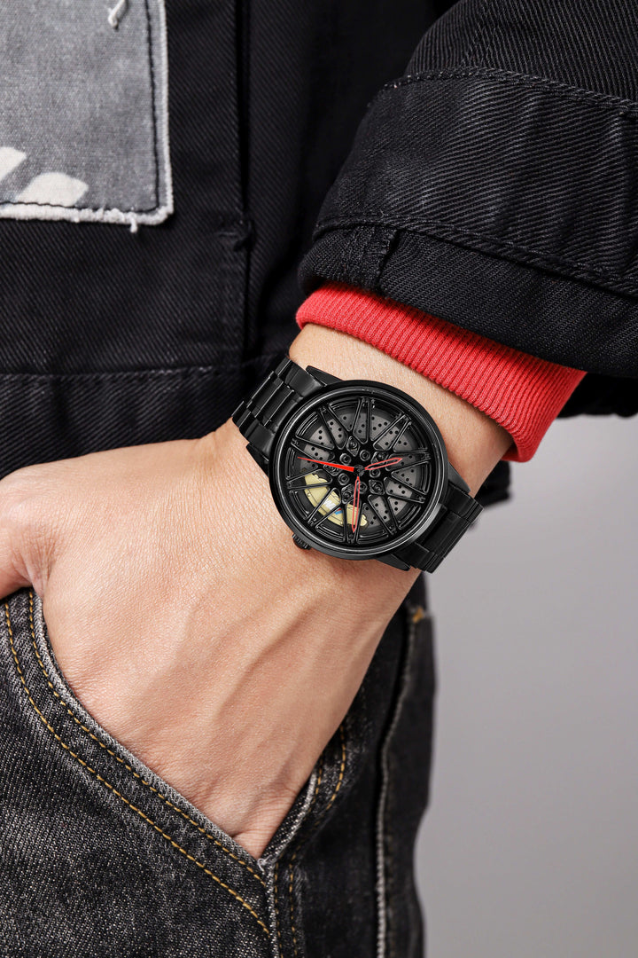 Babusar BMW M5 wheel watch automotive inspired timepiece wearing on wrist.