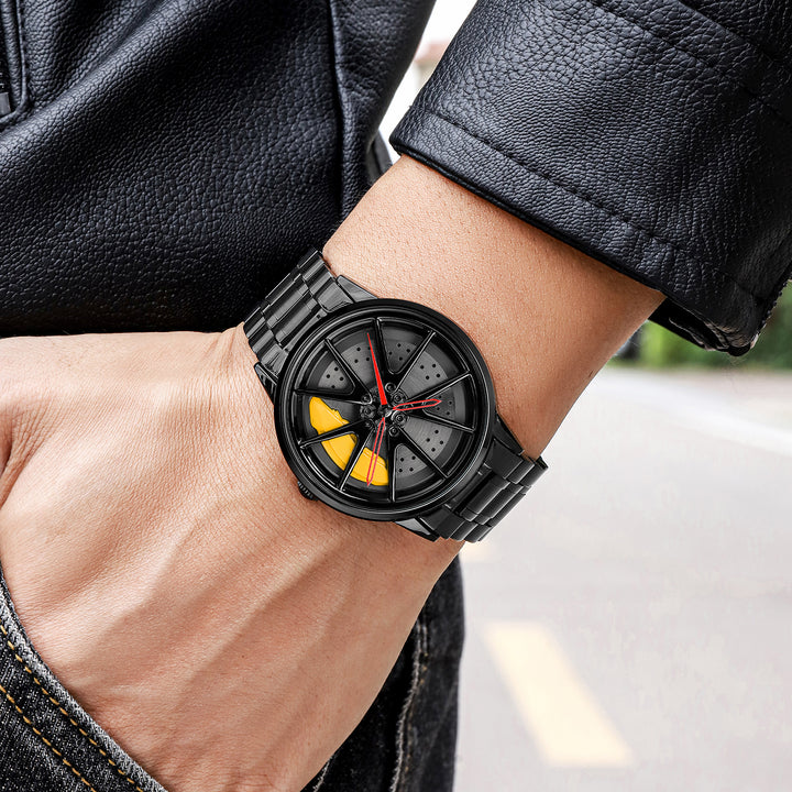Close-up of Babusar BMW motorsport watch with yellow caliper design
