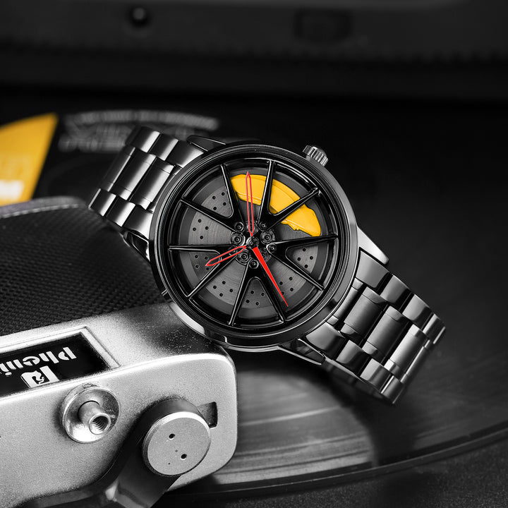 Close-up of Babusar BMW motorsport watch with yellow caliper design