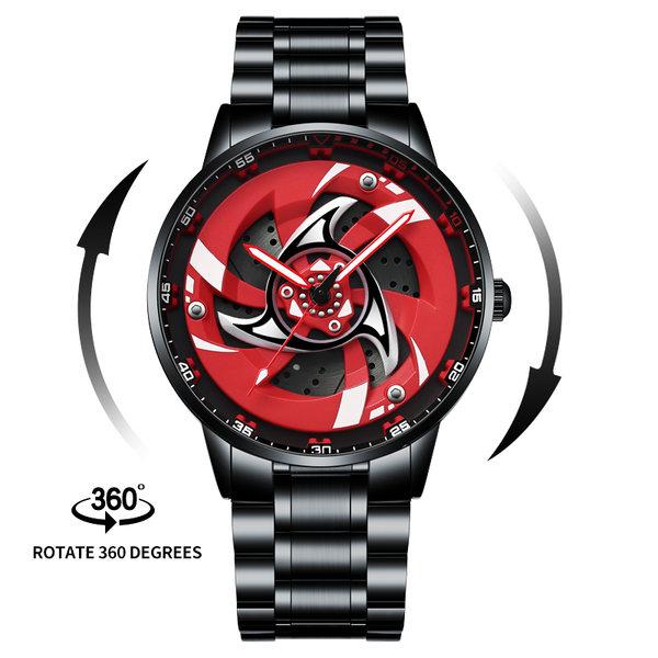 Babusar Itachi Uchiha Mangekyō Sharingan watch with spinning red dial and stainless steel strap