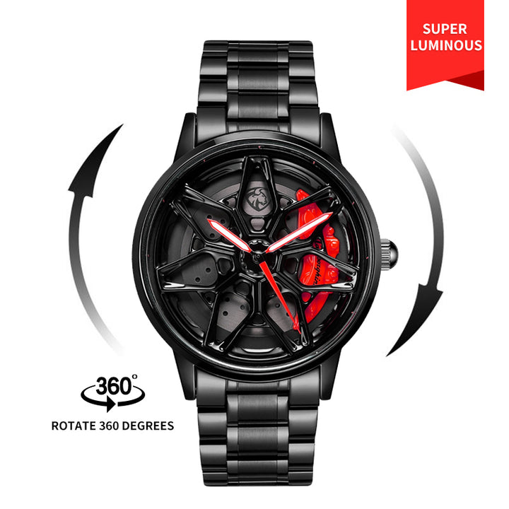 Red Lamborghini Revuelto watch by Babusar featuring spinning wheel dial