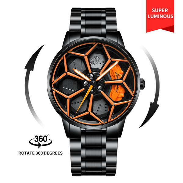 Close-up of Babusar Lamborghini Urus spinning rim watch with orange caliper detail