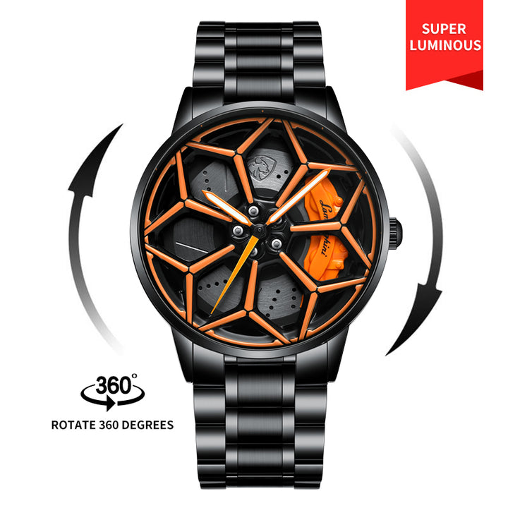 Close-up of Babusar Lamborghini Urus spinning rim watch with orange caliper detail