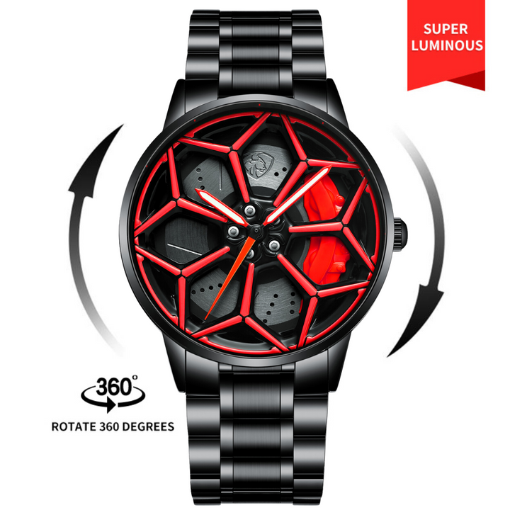 Close-up of Babusar Lamborghini Urus spinning wheel watch with red caliper design