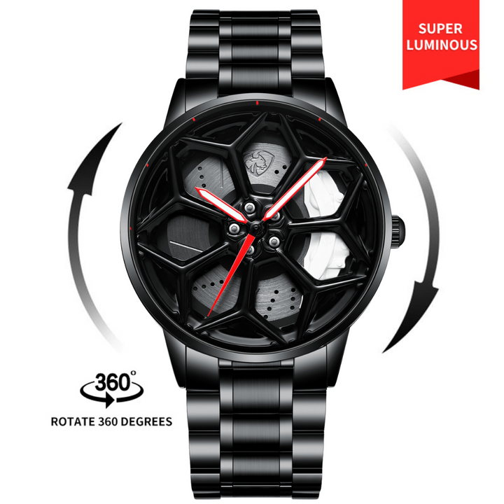 Close-up of Babusar Lamborghini Urus spinning rim watch with white caliper detail