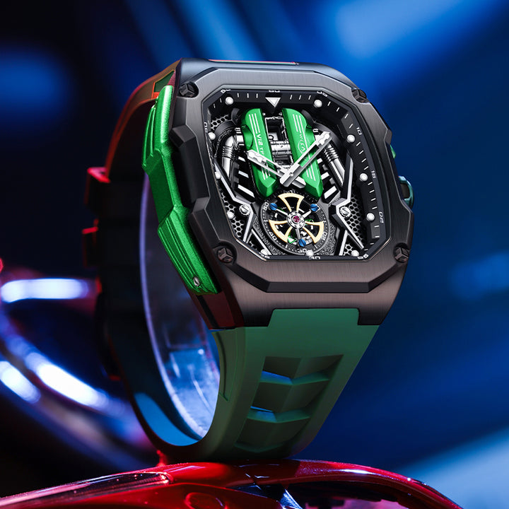 Skeleton dial of Babusar SVJ V12 Watch Green Veneno inspired by Lamborghini SVJ engine