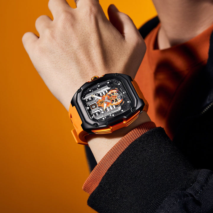 Illuminated Babusar V12 Phantom Watch Amber Dial showing turbine-like details