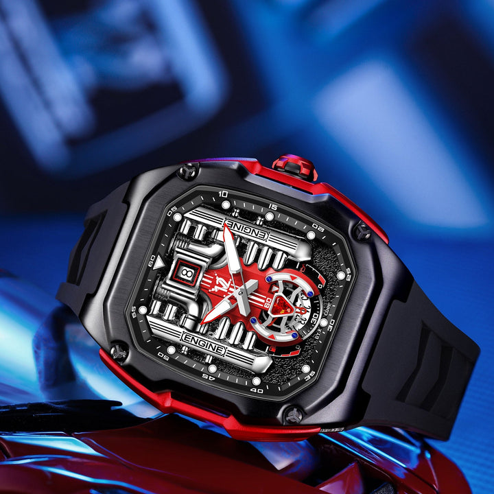 Close-up of Babusar V12 Phantom Watch Crimson Dial inspired by Rolls-Royce V12 engine design