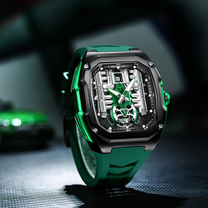 Back view of Babusar V12 Phantom Watch Emerald Spirit Edition showing skeleton engine-inspired case design.