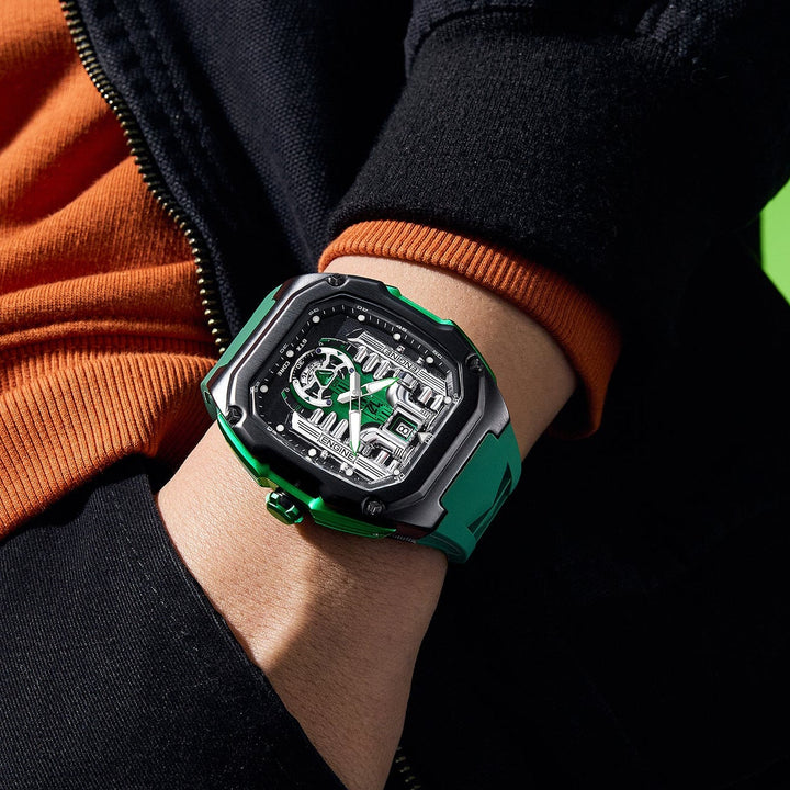 Skeleton dial of Babusar V12 Phantom Watch Emerald Spirit inspired by Rolls-Royce Phantom engine