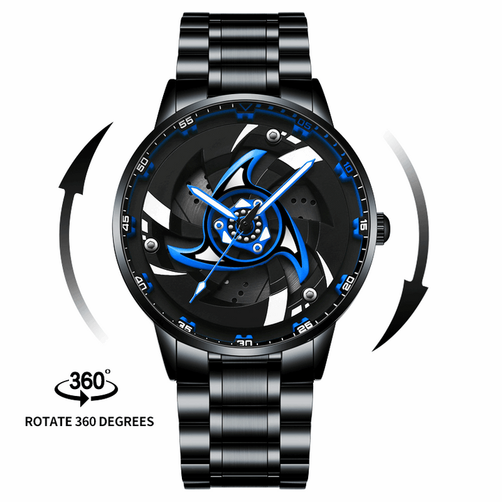 Close-up of Babusar Itachi Uchiha watch showcasing spinning Mangekyō Sharingan dial