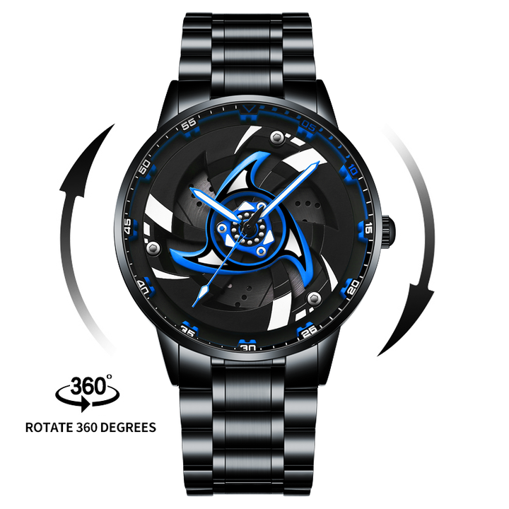 Close-up of Babusar Itachi Uchiha watch showcasing spinning Mangekyō Sharingan dial