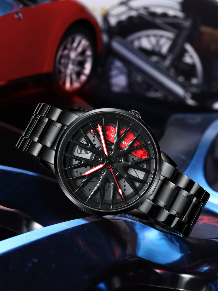 Close-up of Babusar Panamera watch showcasing spinning car wheel dial