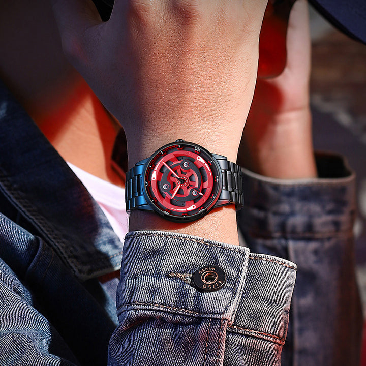 Anime-inspired Babusar Naruto Madara spinning watch worn on wrist, sleek stainless steel design